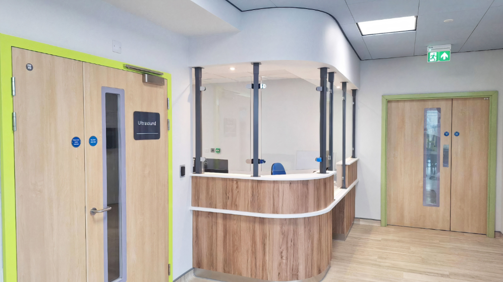 hygienic doorset in healthcare reception area