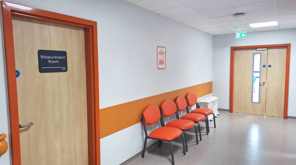 measurement room hygidoor in hallway with vision panel